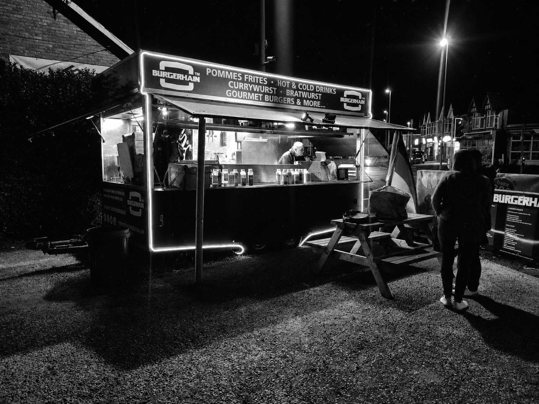 The Burgerhain trailer lit up at night at The Marton Institute, Blackpool